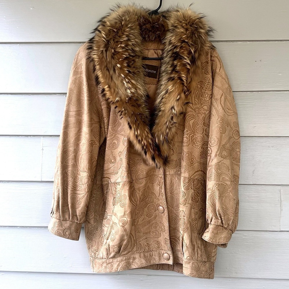 Maison‎ Blanche Tooled Leather Coat Fur Collar Boho Festival USA Vintage Medium
